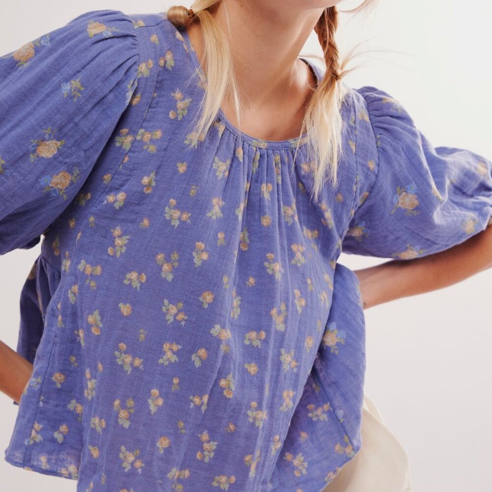 Free People FP Chloe Indigo Floral Gauze Boho Peasant Blouse Billowy Top S